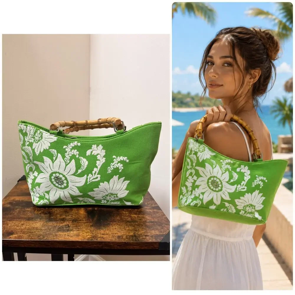 Vintage Kate Spade Flaw Green White Floral Bamboo Handles Rhinestones Detail Bag